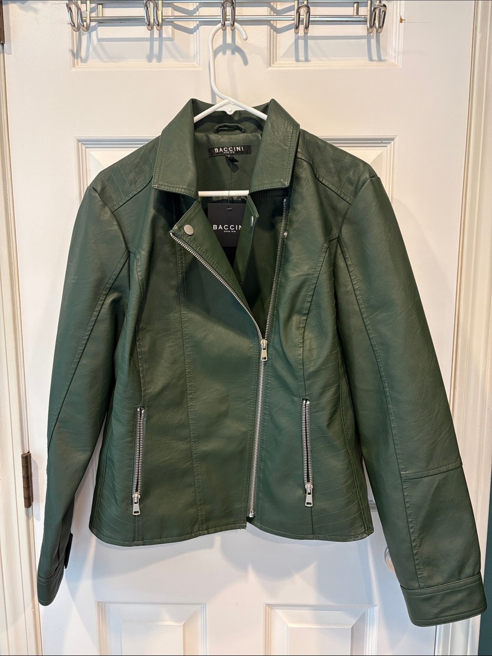Baccini Women's Dark Green Faux Leather Moto Jacket